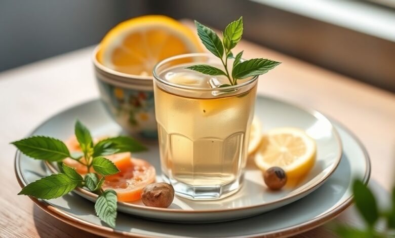 Xícara de chá detox emagrecedor e energizante servido de forma elegante, com limão, gengibre e hortelã frescos.