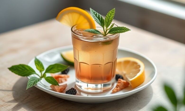 Xícara de chá detox energético servido com rodelas de limão e folhas de hortelã, iluminado naturalmente e muito convidativo.