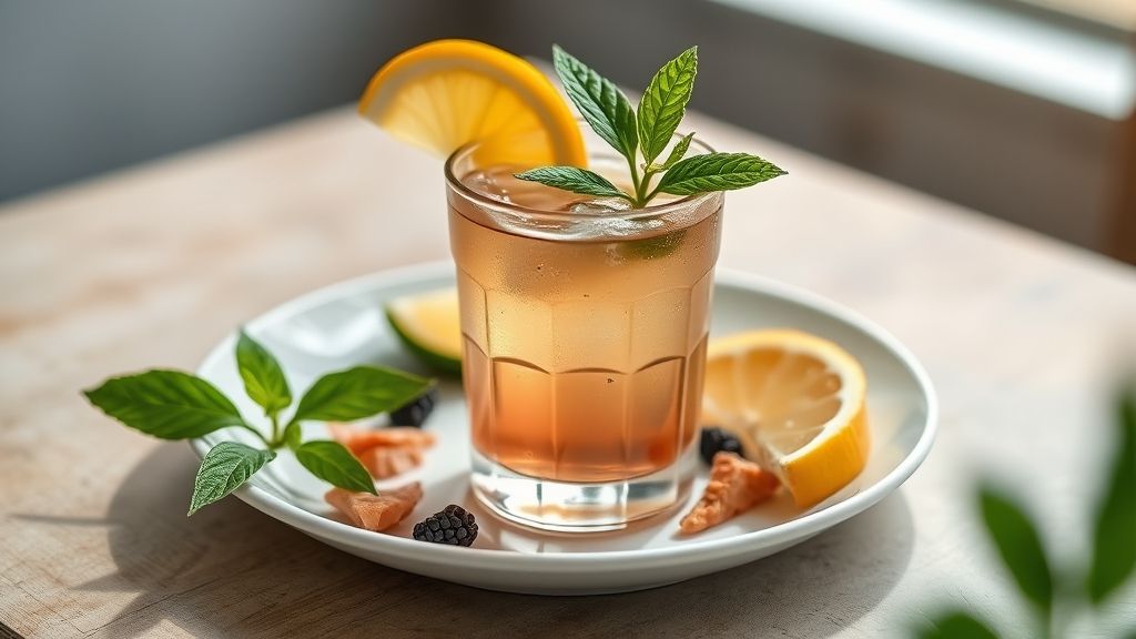 Xícara de chá detox energético servido com rodelas de limão e folhas de hortelã, iluminado naturalmente e muito convidativo.