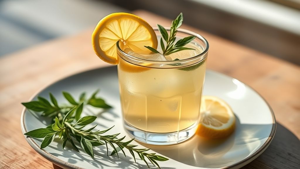 Xícara de chá detox pronto com limão e ervas frescas, destacando a receita energizante e saudável