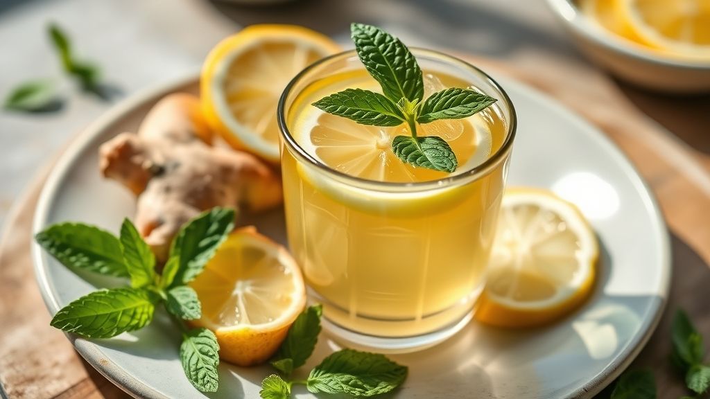 Copo de chá detox energizante com limão, gengibre e hortelã servido de forma refrescante e saudável