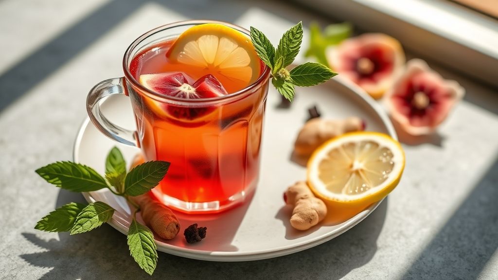 Xícara de chá detox energizante fumegante, servido em ambiente acolhedor com fatias de limão e folhas frescas de hortelã