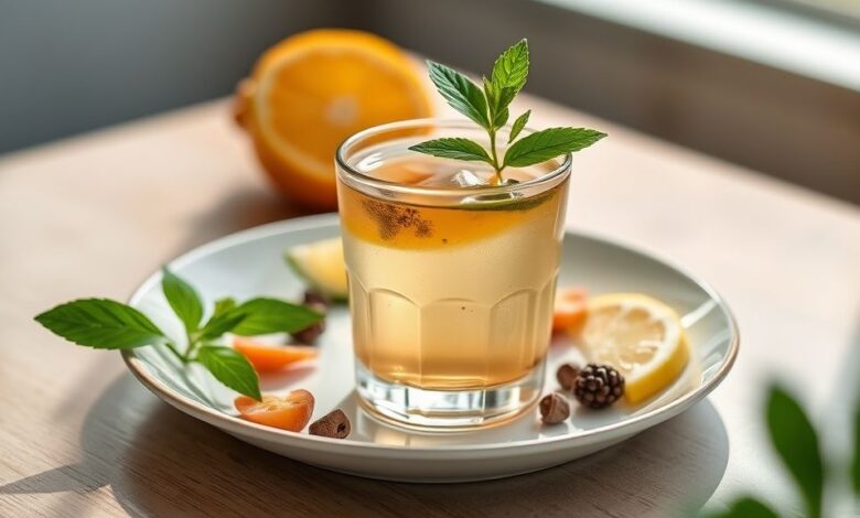 Xícara de chá detox energizante quente, com cor vibrante, servida em mesa elegante com folhas e gengibre ao lado