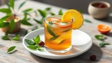 Xícara de chá detox energizante com gengibre, limão e ervas frescas servida de forma aconchegante