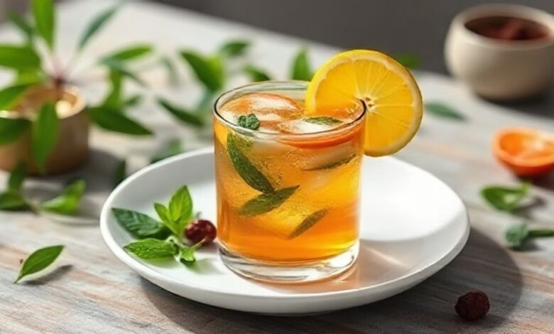 Xícara de chá detox finalizado com limão, hortelã e gengibre, servido em mesa rústica, com aspecto fresco e saudável.