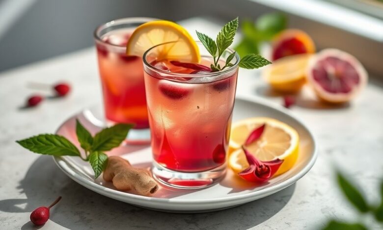 Xícara de chá detox servido quente com limão, gengibre e ervas frescas em uma mesa elegante