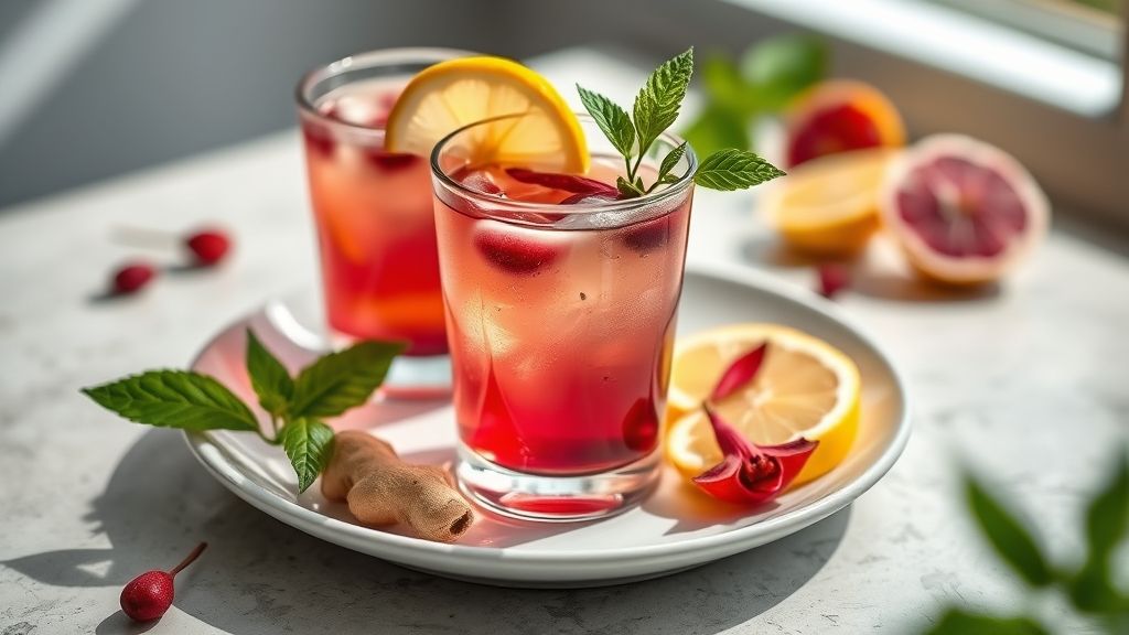 Xícara de chá detox pronta, com limão e ervas frescas, destacando o frescor e os benefícios do chá detox