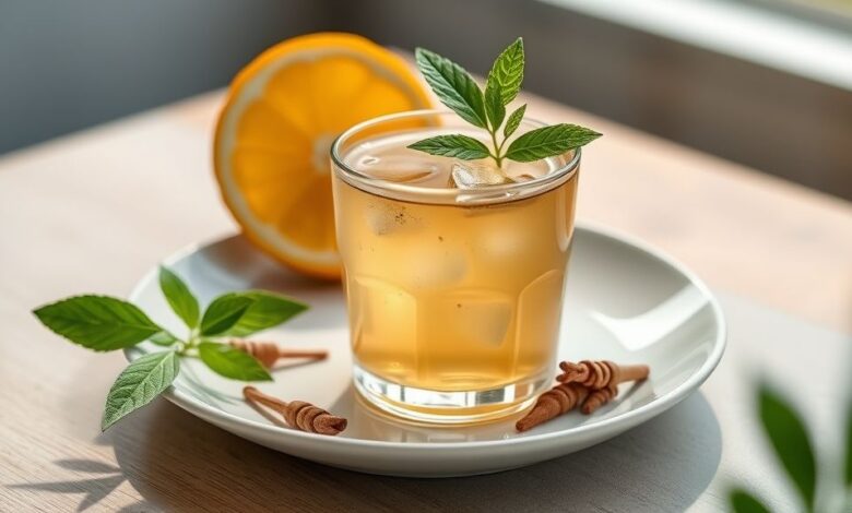 Xícara com chá detox natural servido, decorado com limão e folhinhas de hortelã, em mesa rústica elegante.