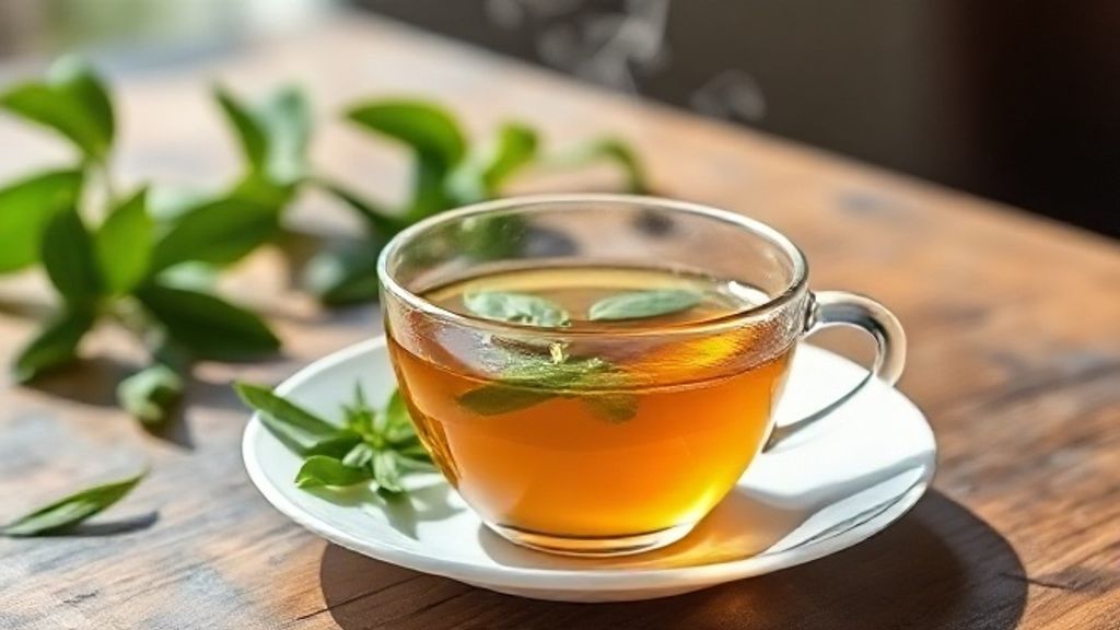 Xícara de chá detox com ervas naturais frescas, bebida saudável que auxilia no emagrecimento e renovação da energia.