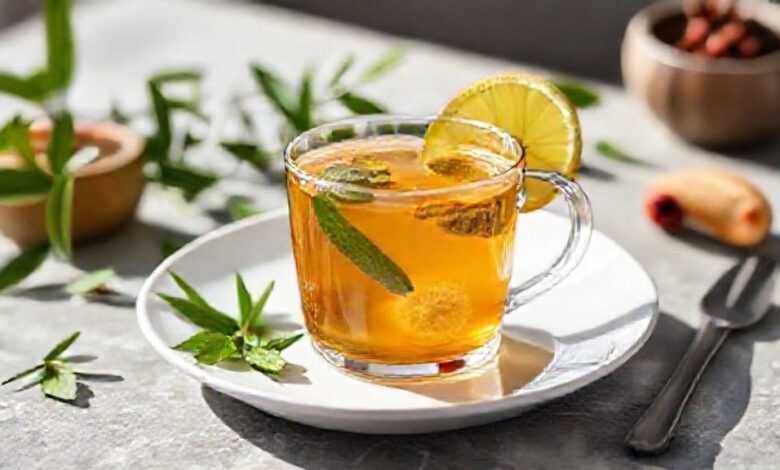 Xícara de chá detox pronto com limão e hortelã, servido de forma elegante e saudável