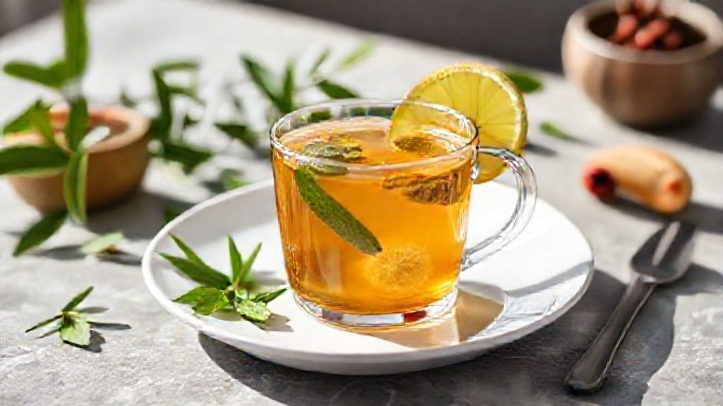 Xícara de chá detox para emagrecer com limão, hibisco e gengibre decorado, servido quente em estilo saudável e natural