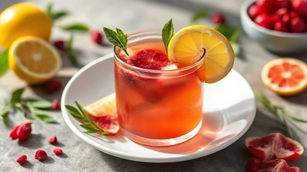 Xícara de chá detox pronta, com gengibre, limão e hortelã decorando o prato, visual leve e saudável