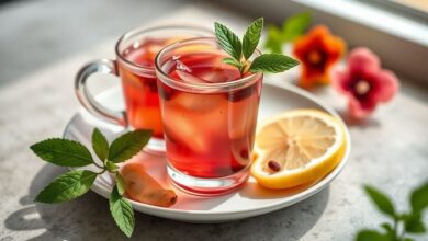 Xícara fumegante de chá detox com gengibre, limão e hibisco servida em porcelana elegante.