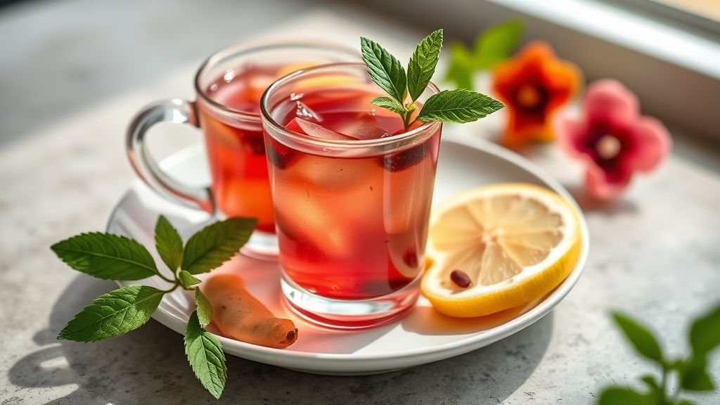 Xícara fumegante de chá detox com gengibre, limão e hibisco servida em porcelana elegante.