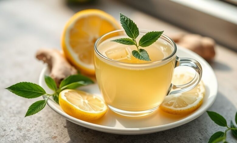 Chá detox servido em uma xícara transparente com fatias de limão, gengibre e ervas frescas, transmitindo frescor e saúde