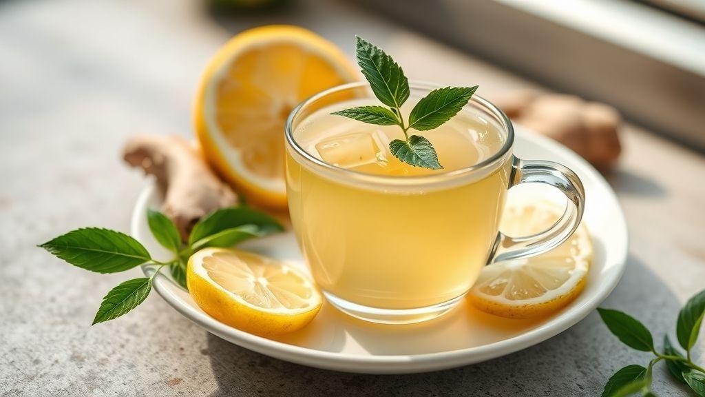 Chá detox servido em uma xícara transparente com fatias de limão, gengibre e ervas frescas, transmitindo frescor e saúde