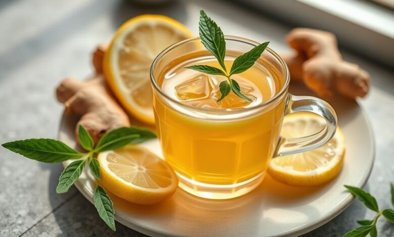 Xícara de chá detox servido com fatias de limão e gengibre, em cenário clean e convidativo