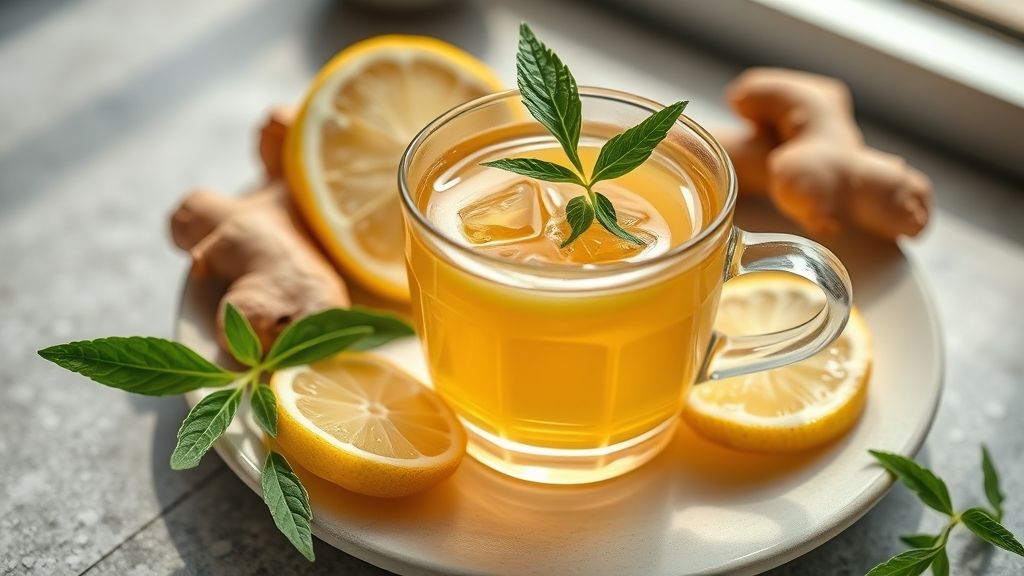 Xícara de chá detox servido com fatias de limão e gengibre, em cenário clean e convidativo
