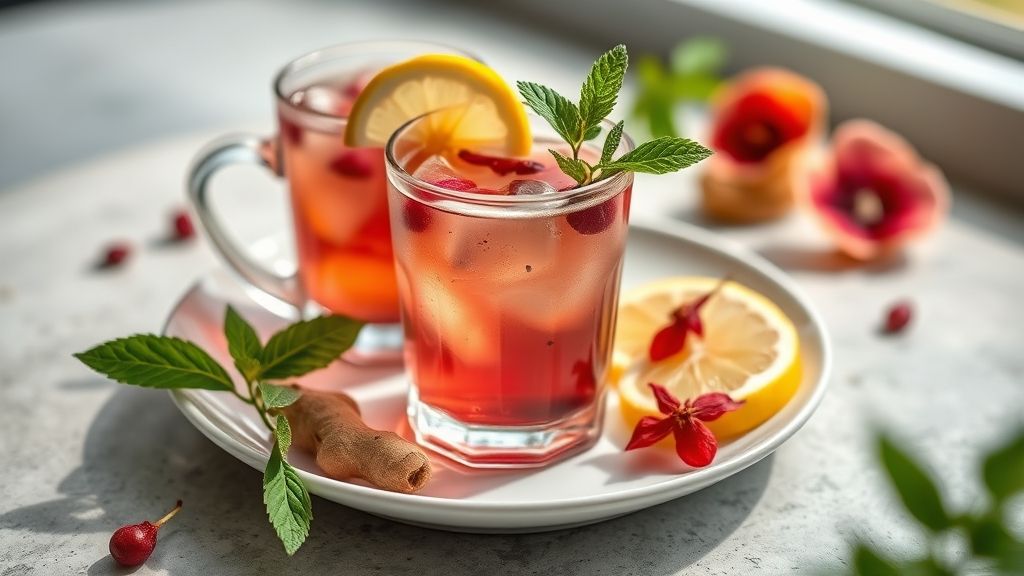 Chá detox poderoso servido em xícara, com limão, gengibre e hibisco, bebida saudável e revitalizante