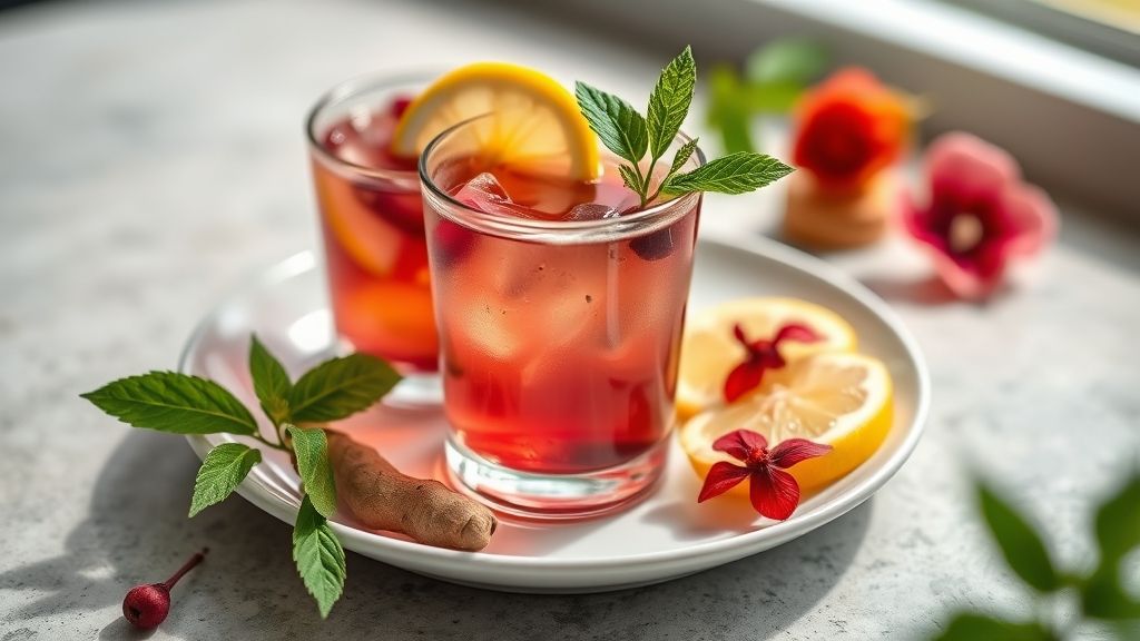 Xícara fumegante de chá detox com limão, gengibre e hibisco em cenário aconchegante.
