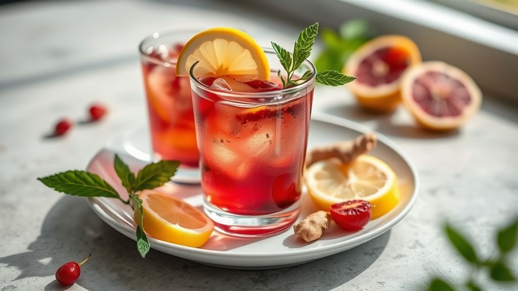 Chá detox poderoso servido em xícara transparente com rodelas de limão e ervas frescas, saudável e revitalizante