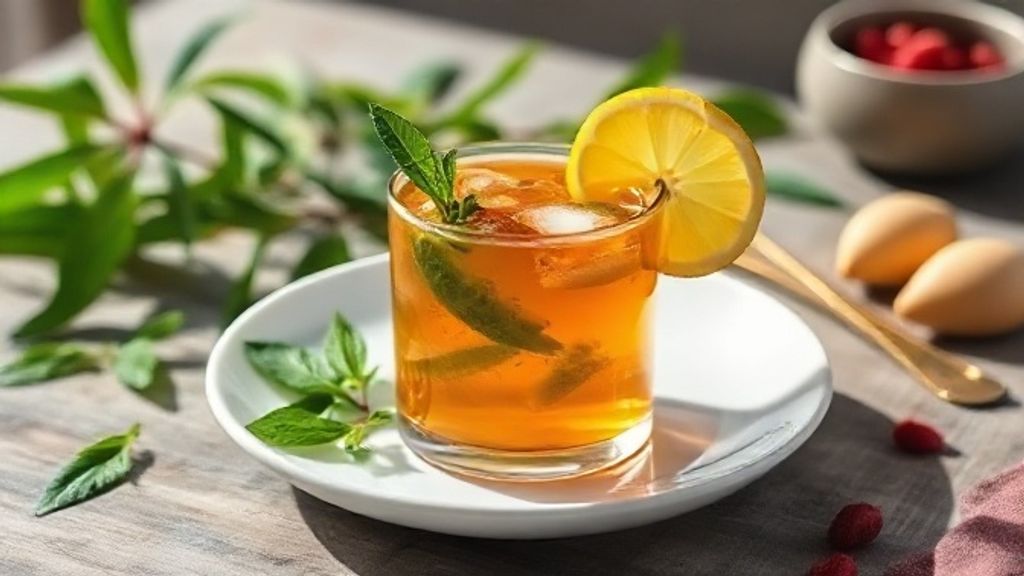 Xícara de chá detox poderoso servido em mesa rústica com limão, hibisco e gengibre ao lado, transmitindo frescor e bem-estar.