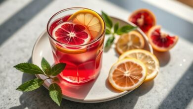 Xícara de chá detox vibrante com hibisco, limão e gengibre decorados, servido quente em ambiente aconchegante