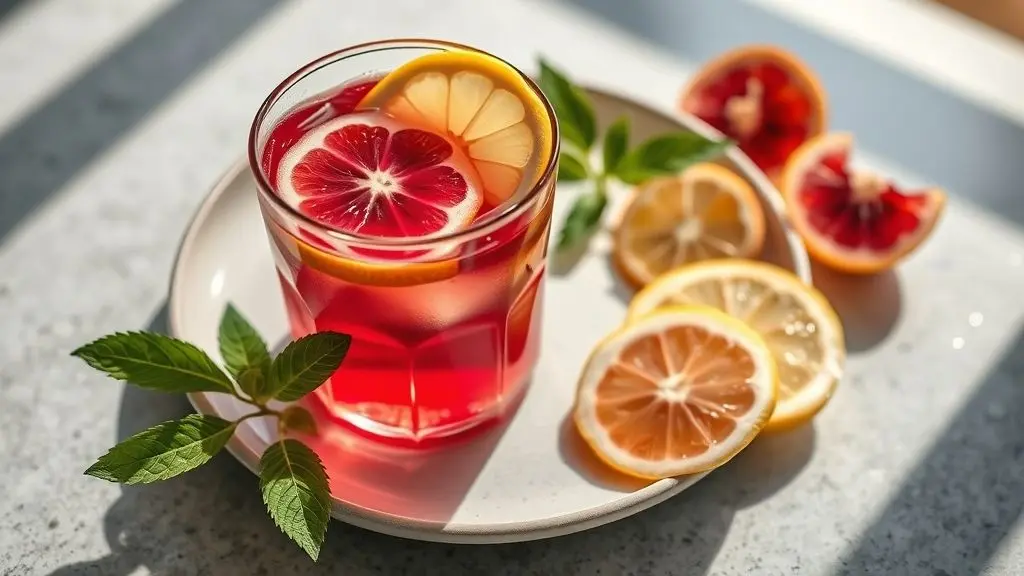 Xícara de chá detox vibrante com hibisco, limão e gengibre decorados, servido quente em ambiente aconchegante