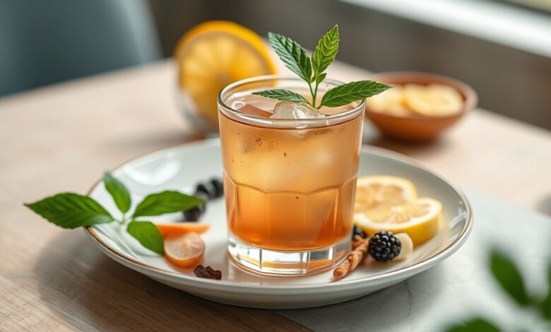 Xícara de chá detox fumegante com limão e ervas frescas, em cenário clean e convidativo