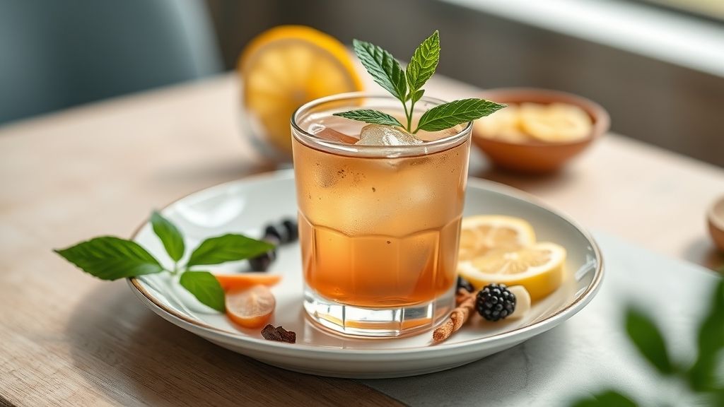 Xícara de chá detox fumegante com limão e ervas frescas, em cenário clean e convidativo