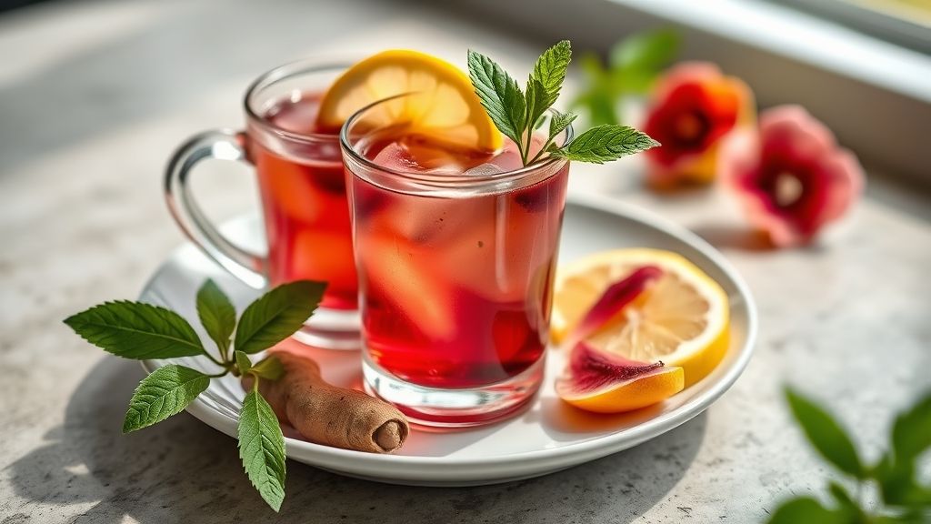 Xícara de chá detox com gengibre, limão e hibisco em mesa rústica, visual leve e saudável