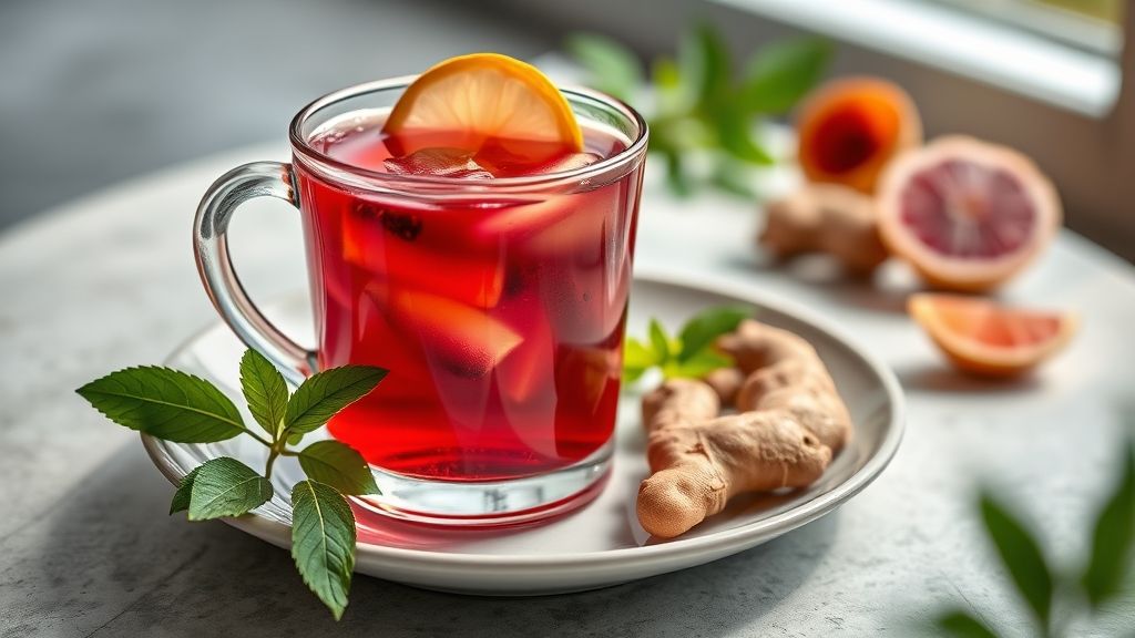 Xícara de chá poderoso detox com hibisco e gengibre, vibrante e aromático, ideal para energia e bem-estar.