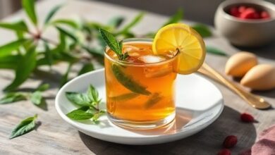 Xícara elegante com chá poderoso fumegante, decorado com fatia de limão e ramo de hortelã, servido em mesa iluminada naturalmente