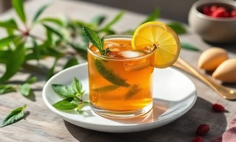 Xícara fumegante de chá detox com hibisco, gengibre e canela, servida de forma elegante e convidativa