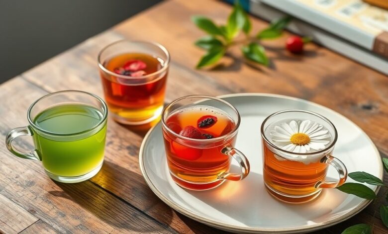 Xícaras com chás detox variados (verde, hibisco e camomila), coloridos e bem servidos em mesa rústica.