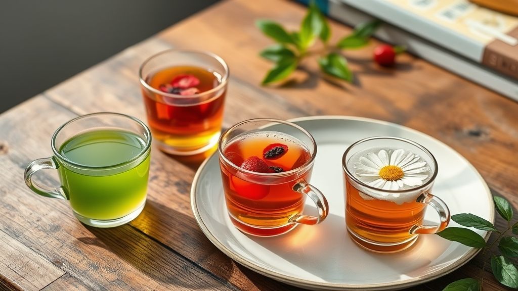 Xícaras com chás detox variados (verde, hibisco e camomila), coloridos e bem servidos em mesa rústica.