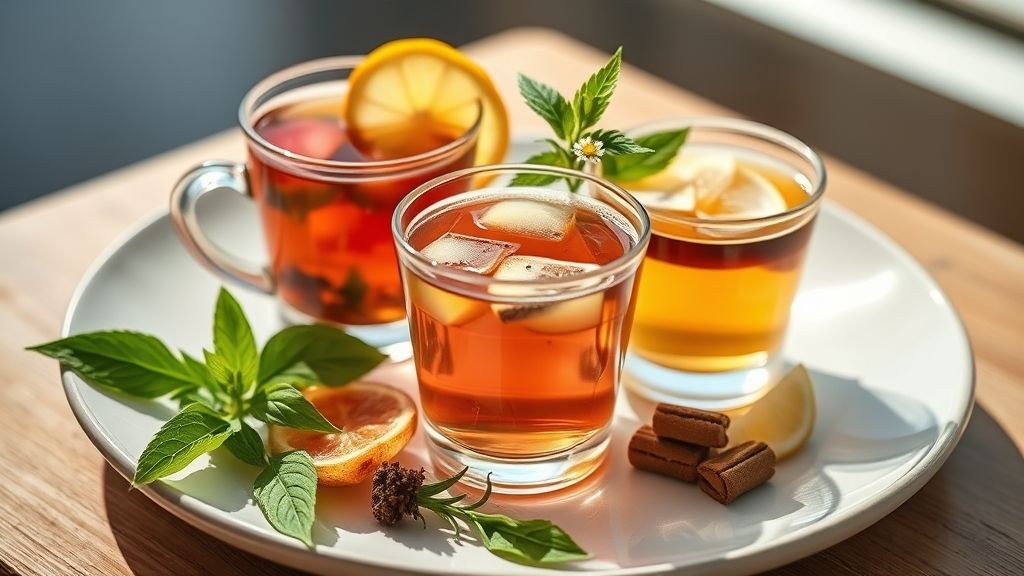 Xícara com chás poderosos para emagrecer, prontos e aromáticos, servidos com limão e ervas frescas