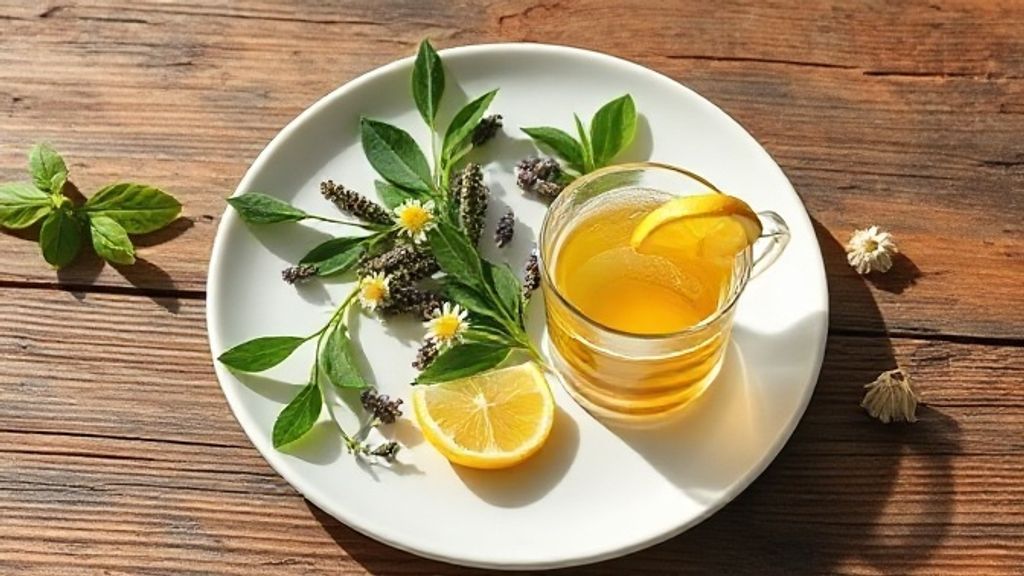 Xícaras com chá detox e chá relaxante lado a lado, decorados com limão e ervas frescas