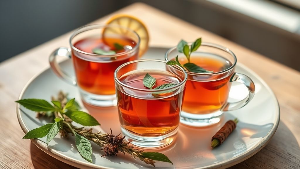 Uma mesa elegante com xícaras coloridas de diferentes chás prontos, transmitindo aroma, frescor e bem-estar