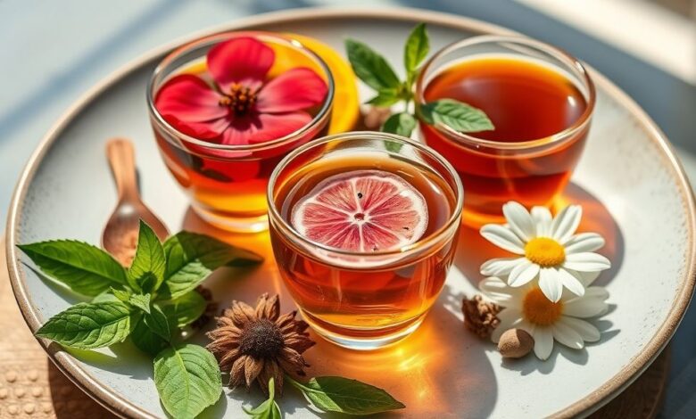 Xícaras variadas de chás prontos fumegantes, coloridos e servidos em mesa elegante, transmitindo saúde e aconchego