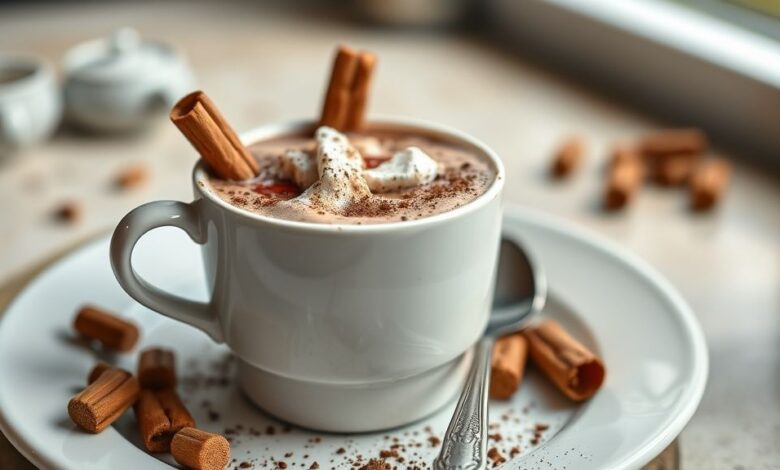 Caneca de chocolate quente cremoso com Toddy, coberta com chantilly e raspas de chocolate, servida quente e aconchegante.