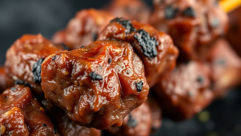 Close-up do espetinho finalizado na grelha, mostrando a textura suculenta da carne