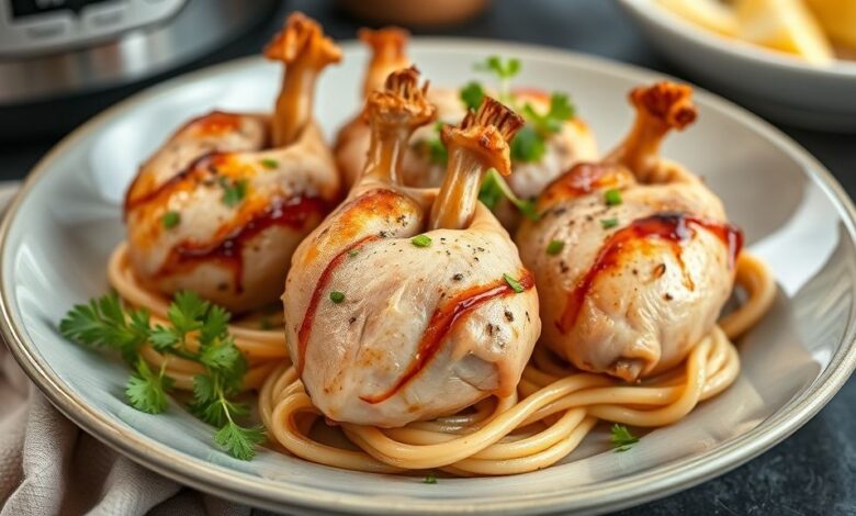 Prato de coração de frango suculento servido com molho dourado e cheiro-verde fresco, pronto para acompanhar arroz e saladas.