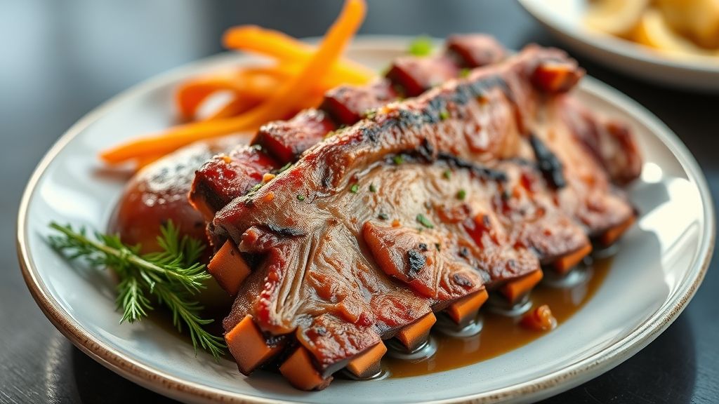 Costelinha suína assada no forno, dourada, suculenta e com crosta caramelizada, servida com molho barbecue.