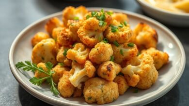 Tigela com floretes de couve-flor crocante, dourados e bem temperados, servidos como petisco saudável e apetitoso