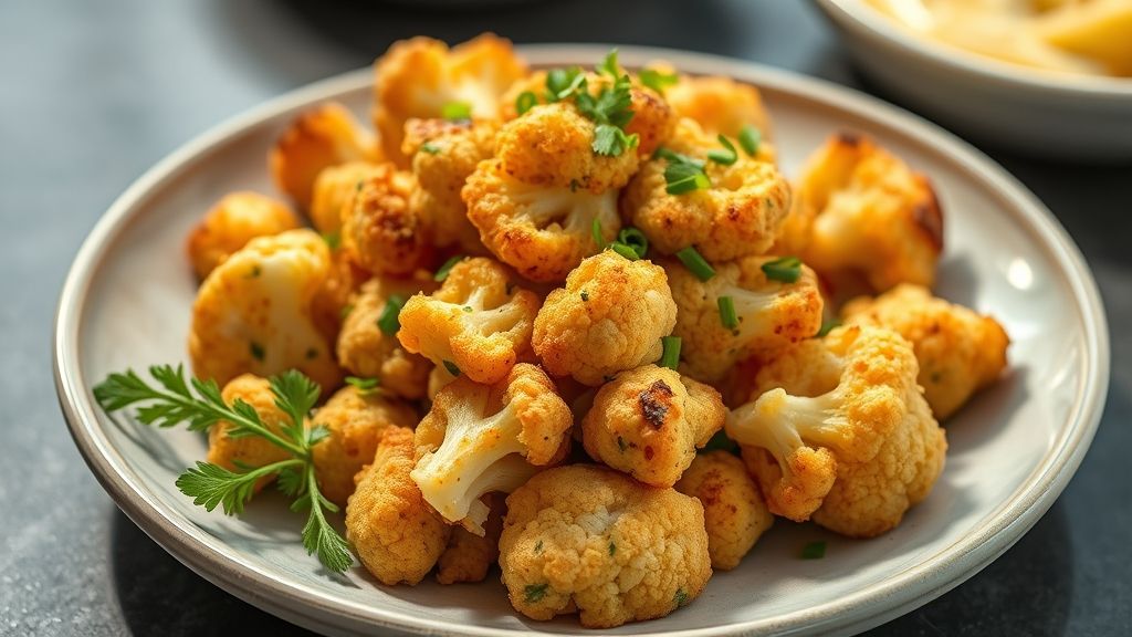 Tigela com floretes de couve-flor crocante, dourados e bem temperados, servidos como petisco saudável e apetitoso