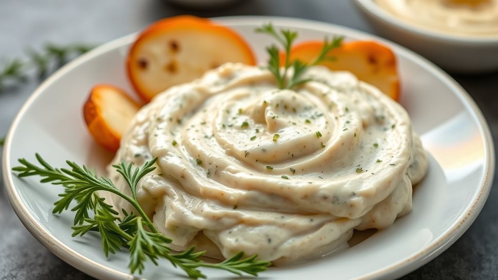 Creme de alho cremoso servido em uma tigela branca, textura aerada e apetitoso.