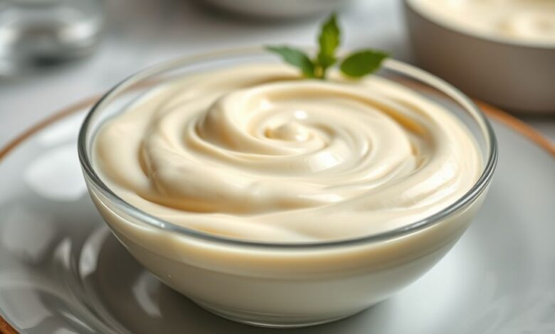 Creme de confeiteiro finalizado, servido em uma tigela de vidro, cremoso e brilhante, pronto para rechear sobremesas.