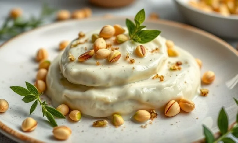 Creme de pistache pronto em taça de vidro, com textura cremosa e decorado com pistaches picados.
