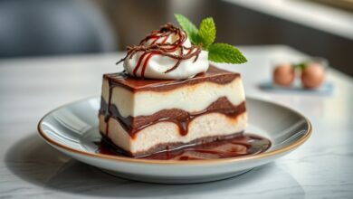 Sobremesa cremosa em camadas de chocolate, creme branco e cobertura aerada, servida em refratário de vidro